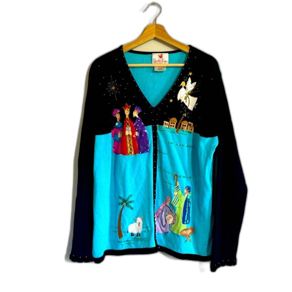 Vtg Quacker Factory Christmas Cardigan Sweater XL Zip Nativity Novelty Jesus - Picture 1 of 9